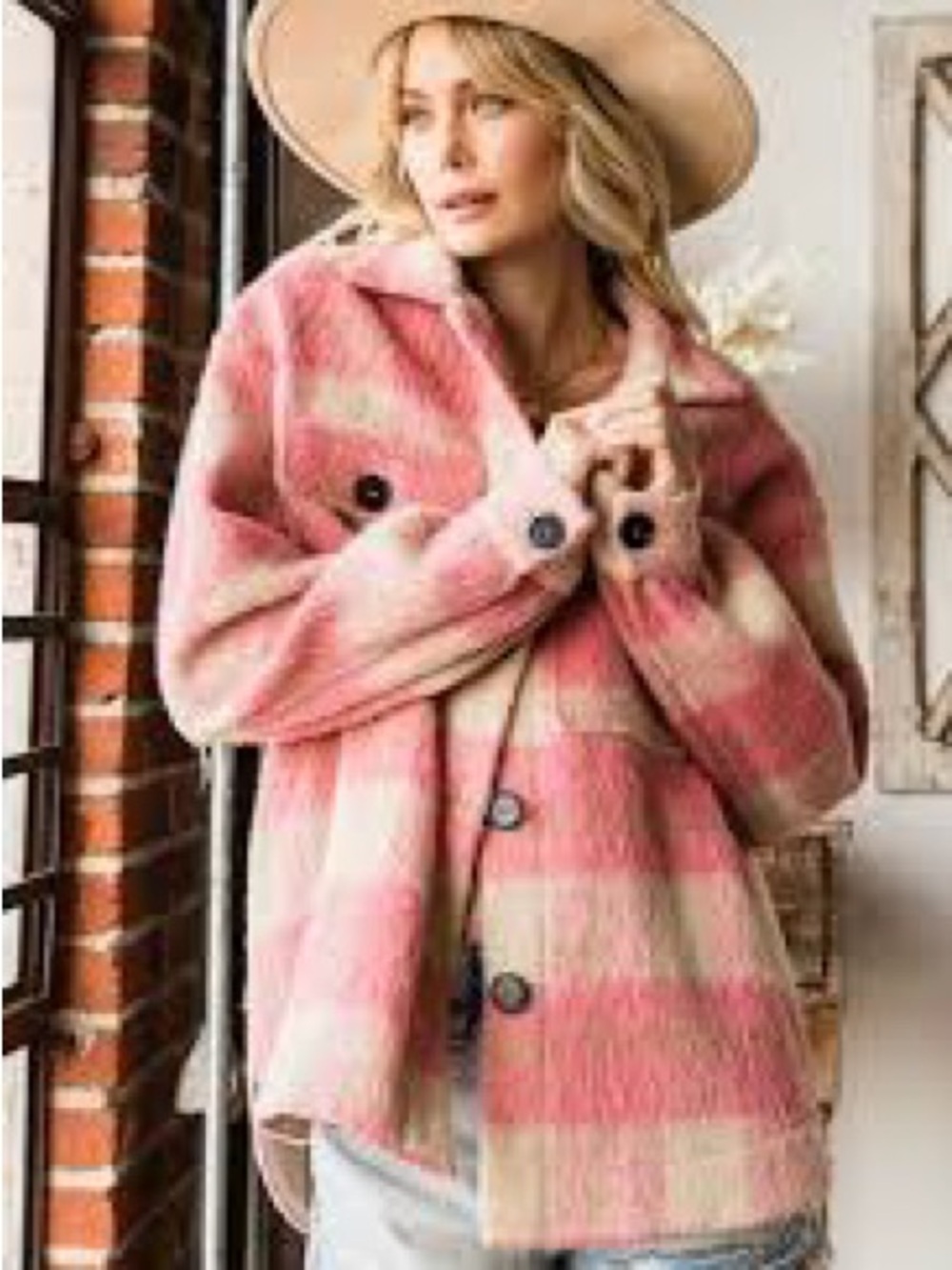 cozy pink and cream plaid fuzzy button-down shacket by By Together size LG